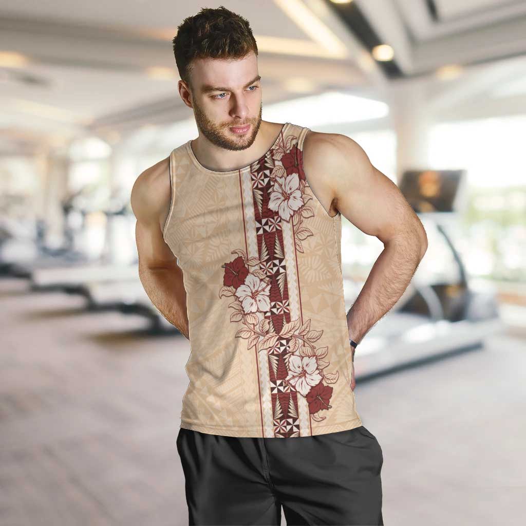 Tonga Language Week Men Tank Top Hibiscus Tongan Ngatu Pattern LT05 Beige - Polynesian Pride