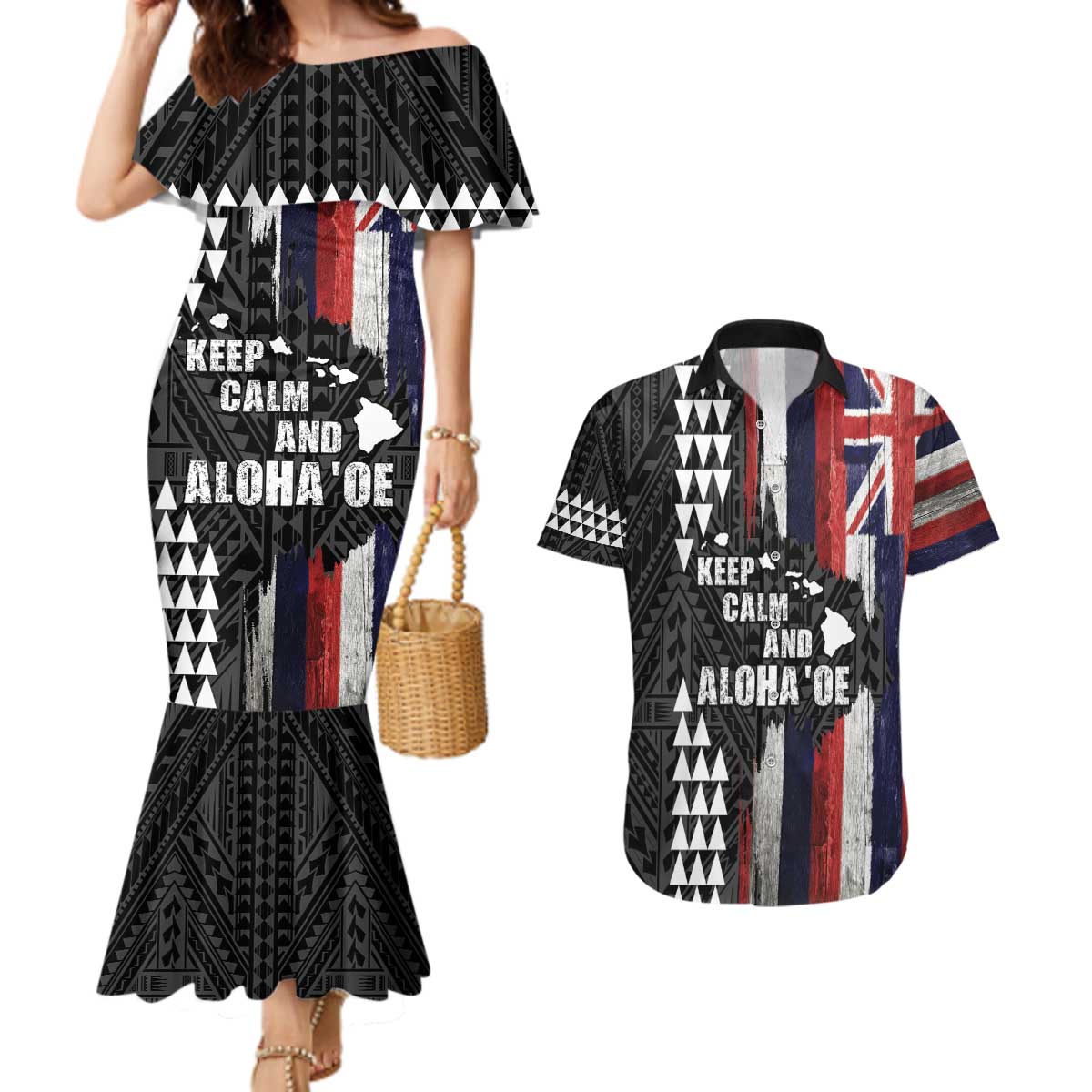 Hawaii 1959 Statehood Day Couples Matching Mermaid Dress and Hawaiian Shirt Classic Style LT05 Black - Polynesian Pride