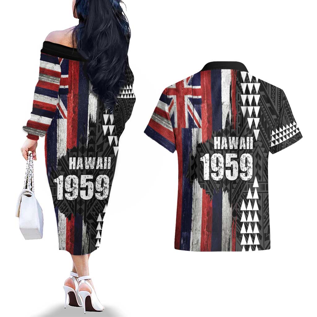 Hawaii 1959 Statehood Day Couples Matching Off The Shoulder Long Sleeve Dress and Hawaiian Shirt Classic Style LT05 - Polynesian Pride