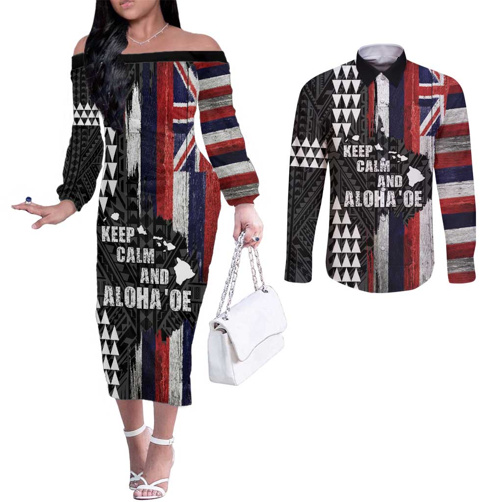 Hawaii 1959 Statehood Day Couples Matching Off The Shoulder Long Sleeve Dress and Long Sleeve Button Shirt Classic Style LT05 Black - Polynesian Pride