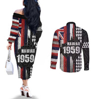 Hawaii 1959 Statehood Day Couples Matching Off The Shoulder Long Sleeve Dress and Long Sleeve Button Shirt Classic Style LT05 - Polynesian Pride