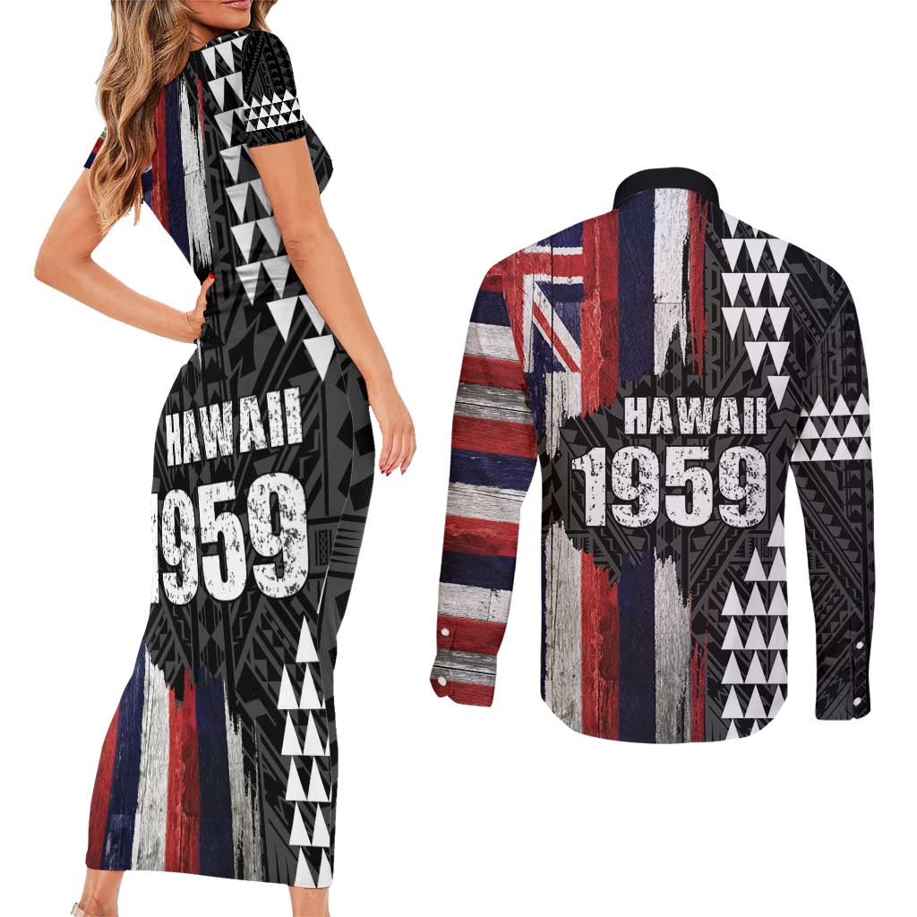 Hawaii 1959 Statehood Day Couples Matching Short Sleeve Bodycon Dress and Long Sleeve Button Shirt Classic Style LT05 - Polynesian Pride