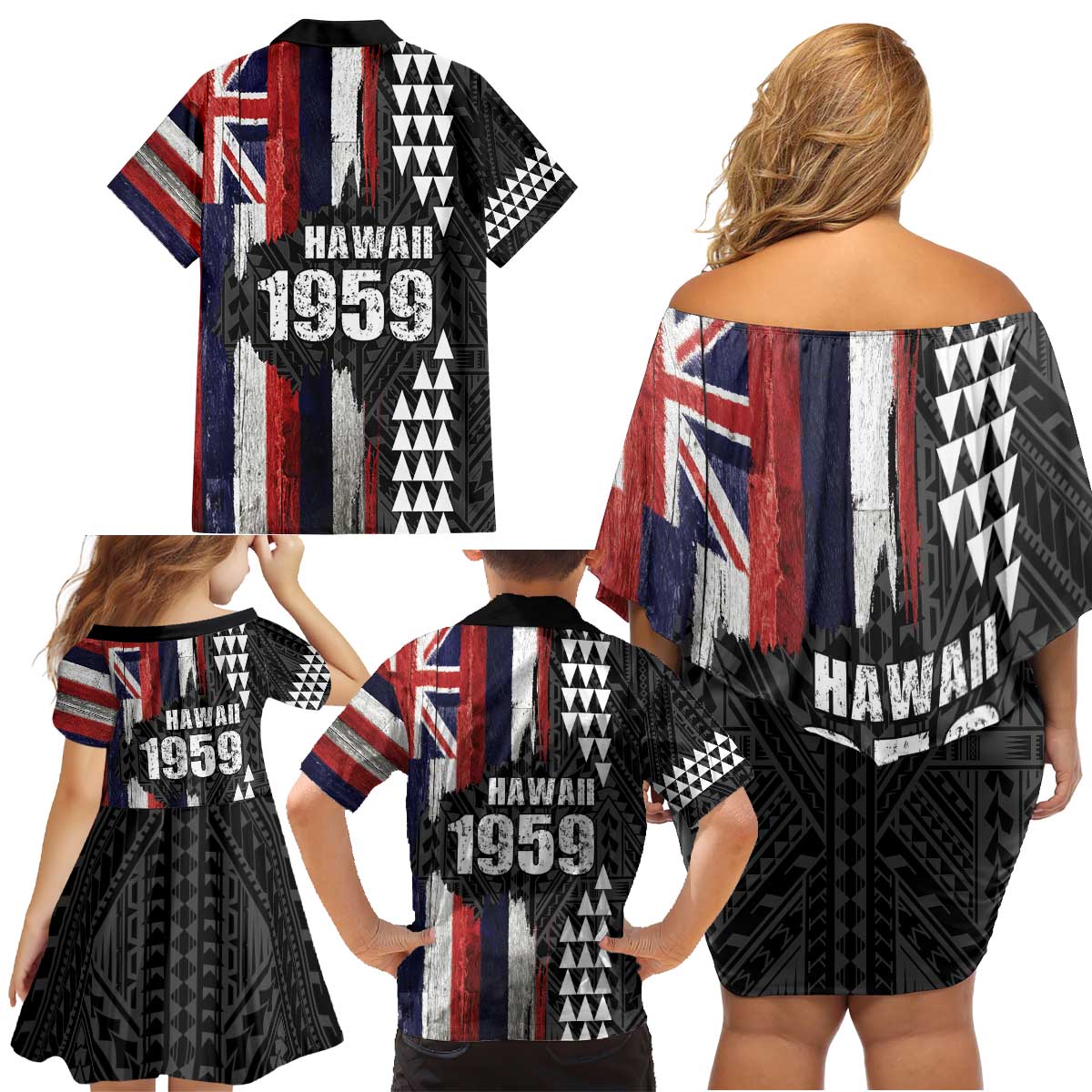 Hawaii 1959 Statehood Day Family Matching Off Shoulder Short Dress and Hawaiian Shirt Classic Style LT05 - Polynesian Pride