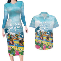 Hawaii Outrigger Canoe Race Couples Matching Long Sleeve Bodycon Dress and Hawaiian Shirt Polynesian Style Watercolor Style LT05 Blue - Polynesian Pride