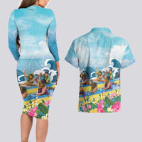 Hawaii Outrigger Canoe Race Couples Matching Long Sleeve Bodycon Dress and Hawaiian Shirt Polynesian Style Watercolor Style LT05 - Polynesian Pride