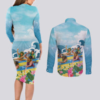 Hawaii Outrigger Canoe Race Couples Matching Long Sleeve Bodycon Dress and Long Sleeve Button Shirt Polynesian Style Watercolor Style LT05 - Polynesian Pride