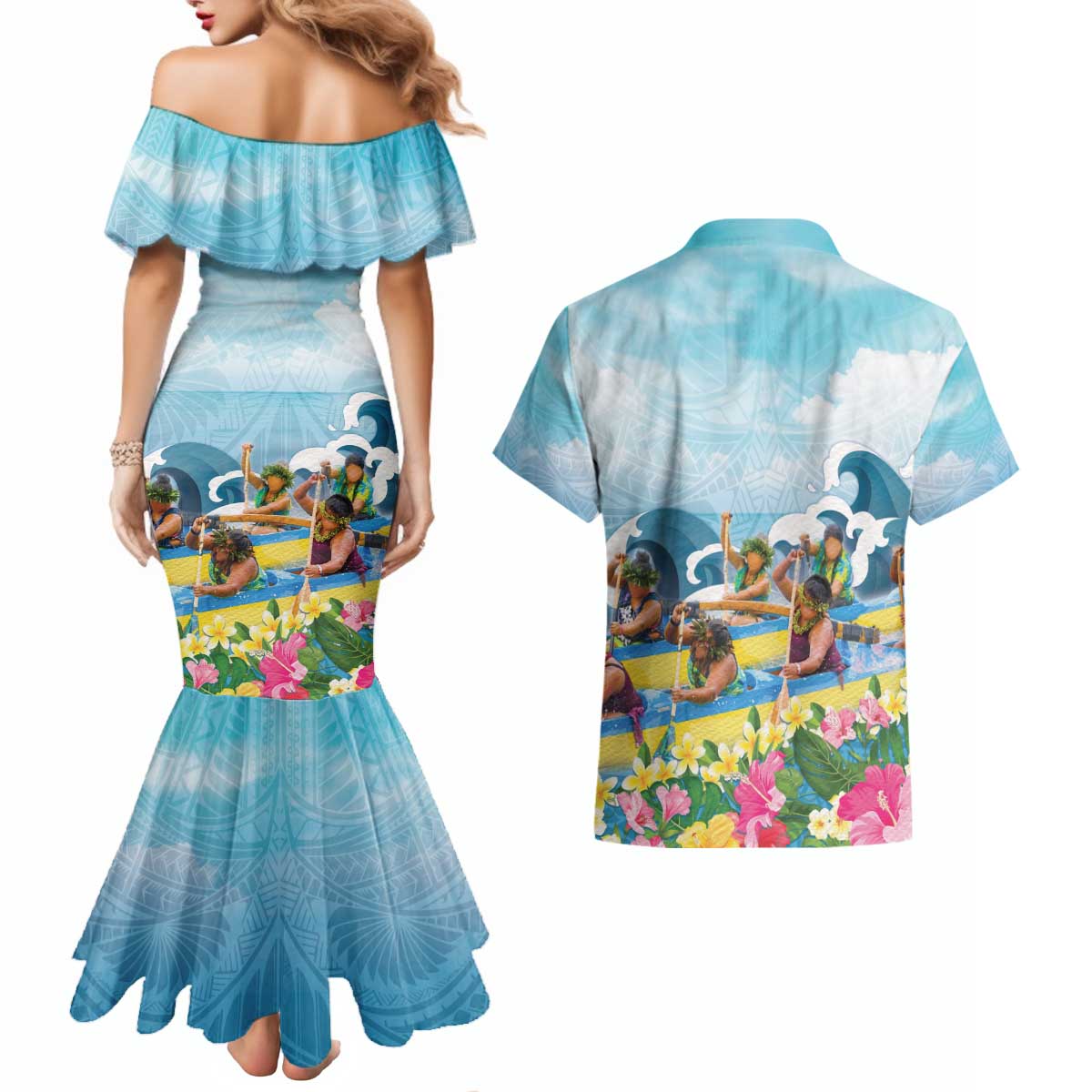 Hawaii Outrigger Canoe Race Couples Matching Mermaid Dress and Hawaiian Shirt Polynesian Style Watercolor Style LT05 - Polynesian Pride