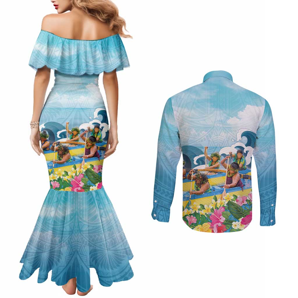 Hawaii Outrigger Canoe Race Couples Matching Mermaid Dress and Long Sleeve Button Shirt Polynesian Style Watercolor Style LT05 - Polynesian Pride