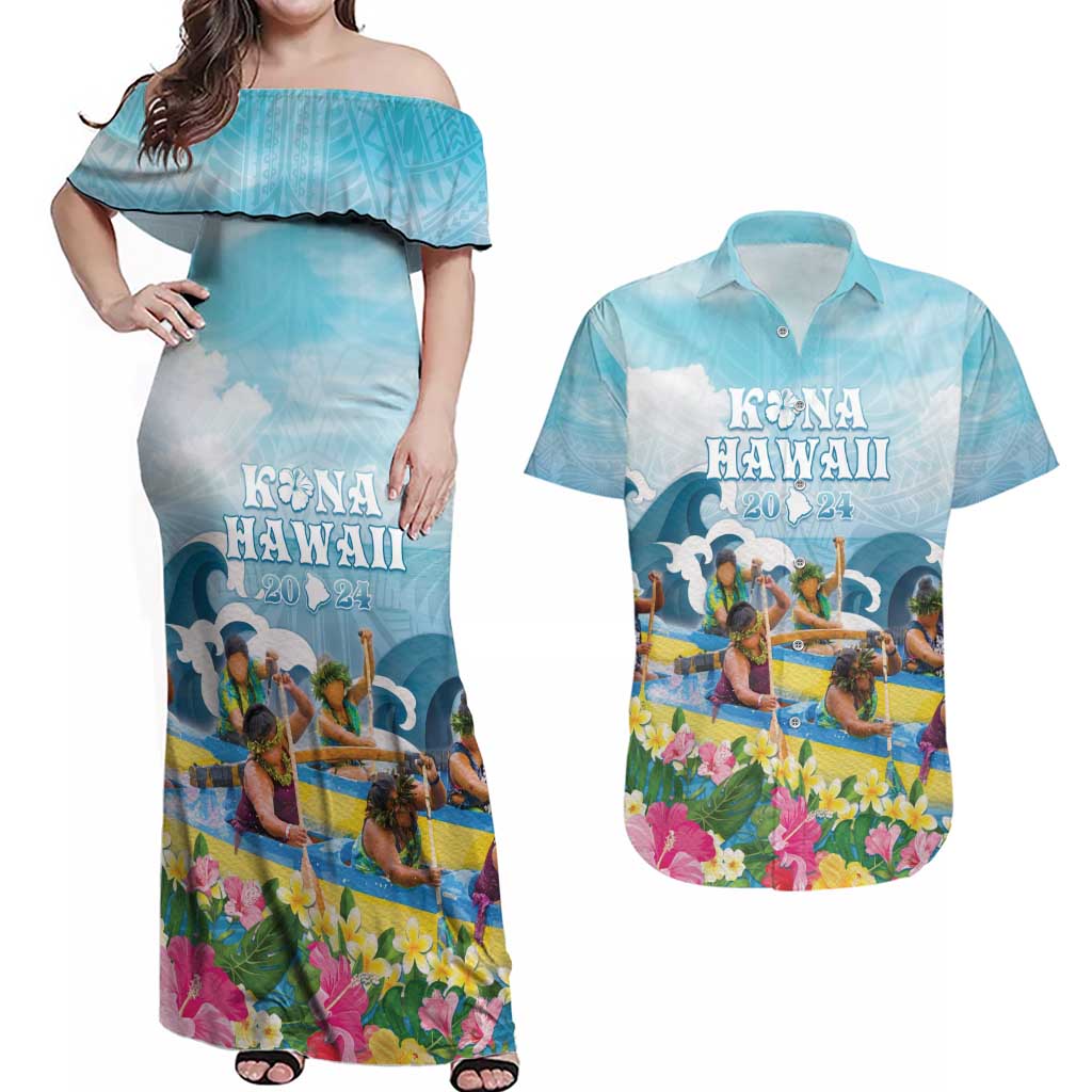 Hawaii Outrigger Canoe Race Couples Matching Off Shoulder Maxi Dress and Hawaiian Shirt Polynesian Style Watercolor Style LT05 Blue - Polynesian Pride
