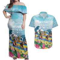 Hawaii Outrigger Canoe Race Couples Matching Off Shoulder Maxi Dress and Hawaiian Shirt Polynesian Style Watercolor Style LT05 Blue - Polynesian Pride