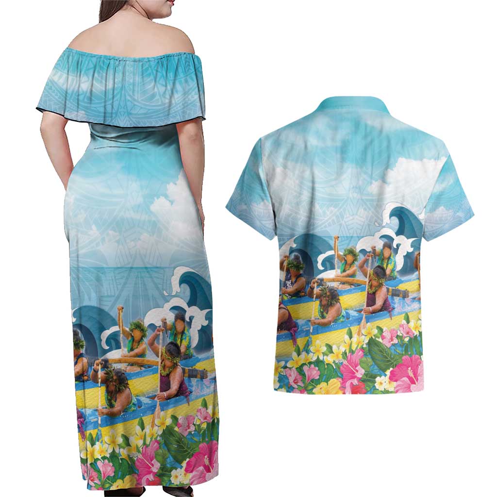 Hawaii Outrigger Canoe Race Couples Matching Off Shoulder Maxi Dress and Hawaiian Shirt Polynesian Style Watercolor Style LT05 - Polynesian Pride