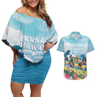 Hawaii Outrigger Canoe Race Couples Matching Off Shoulder Short Dress and Hawaiian Shirt Polynesian Style Watercolor Style LT05 Blue - Polynesian Pride