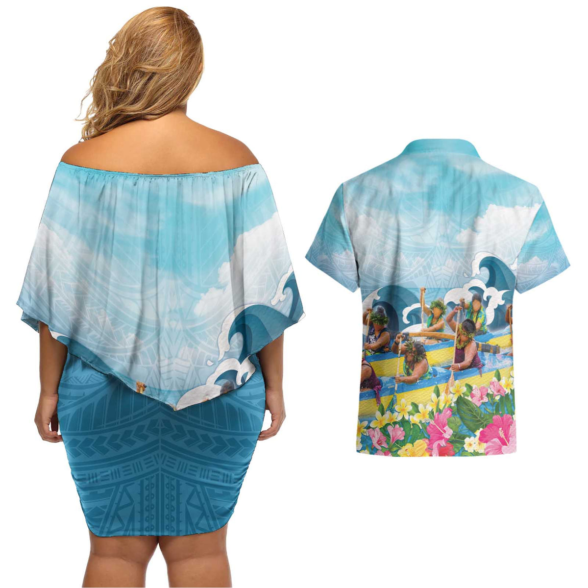 Hawaii Outrigger Canoe Race Couples Matching Off Shoulder Short Dress and Hawaiian Shirt Polynesian Style Watercolor Style LT05 - Polynesian Pride