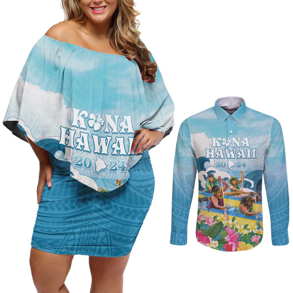Hawaii Outrigger Canoe Race Couples Matching Off Shoulder Short Dress and Long Sleeve Button Shirt Polynesian Style Watercolor Style LT05 Blue - Polynesian Pride