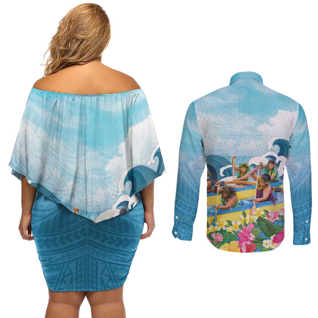 Hawaii Outrigger Canoe Race Couples Matching Off Shoulder Short Dress and Long Sleeve Button Shirt Polynesian Style Watercolor Style LT05 - Polynesian Pride