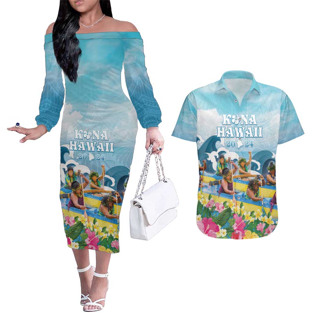 Hawaii Outrigger Canoe Race Couples Matching Off The Shoulder Long Sleeve Dress and Hawaiian Shirt Polynesian Style Watercolor Style LT05 Blue - Polynesian Pride