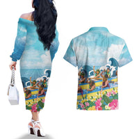 Hawaii Outrigger Canoe Race Couples Matching Off The Shoulder Long Sleeve Dress and Hawaiian Shirt Polynesian Style Watercolor Style LT05 - Polynesian Pride