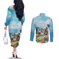 Hawaii Outrigger Canoe Race Couples Matching Off The Shoulder Long Sleeve Dress and Long Sleeve Button Shirt Polynesian Style Watercolor Style LT05 - Polynesian Pride