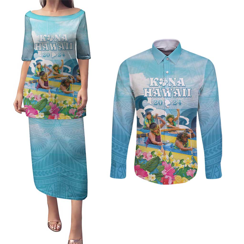 Hawaii Outrigger Canoe Race Couples Matching Puletasi and Long Sleeve Button Shirt Polynesian Style Watercolor Style