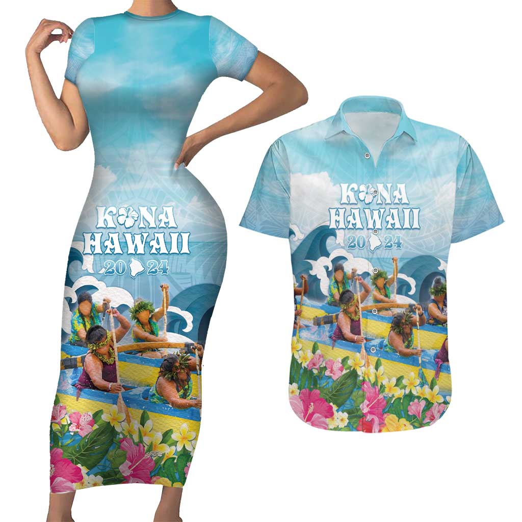 Hawaii Outrigger Canoe Race Couples Matching Short Sleeve Bodycon Dress and Hawaiian Shirt Polynesian Style Watercolor Style LT05 Blue - Polynesian Pride
