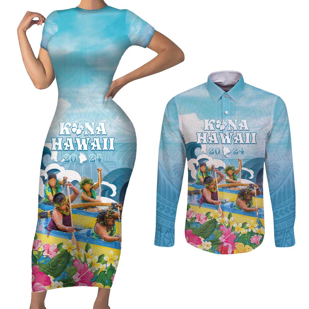 Hawaii Outrigger Canoe Race Couples Matching Short Sleeve Bodycon Dress and Long Sleeve Button Shirt Polynesian Style Watercolor Style LT05 Blue - Polynesian Pride