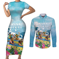 Hawaii Outrigger Canoe Race Couples Matching Short Sleeve Bodycon Dress and Long Sleeve Button Shirt Polynesian Style Watercolor Style LT05 Blue - Polynesian Pride