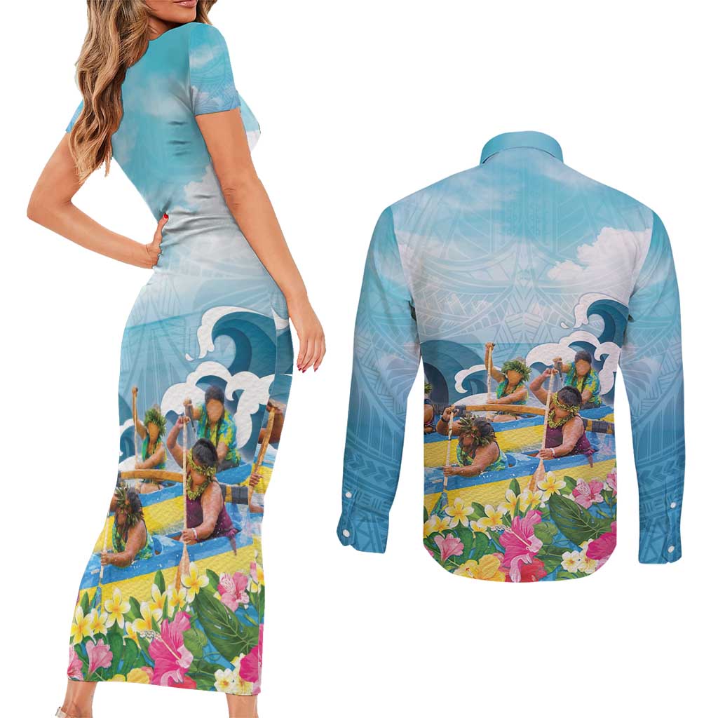 Hawaii Outrigger Canoe Race Couples Matching Short Sleeve Bodycon Dress and Long Sleeve Button Shirt Polynesian Style Watercolor Style LT05 - Polynesian Pride