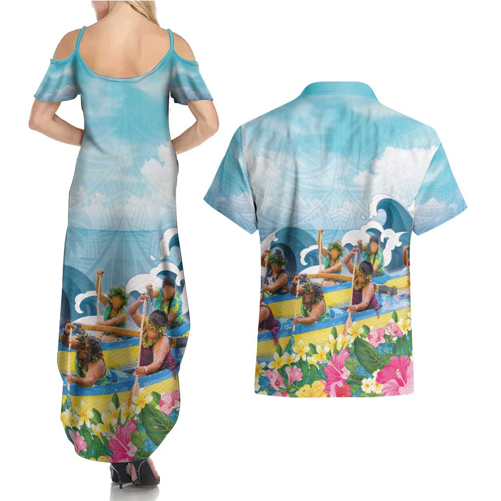 Hawaii Outrigger Canoe Race Couples Matching Summer Maxi Dress and Hawaiian Shirt Polynesian Style Watercolor Style LT05 - Polynesian Pride