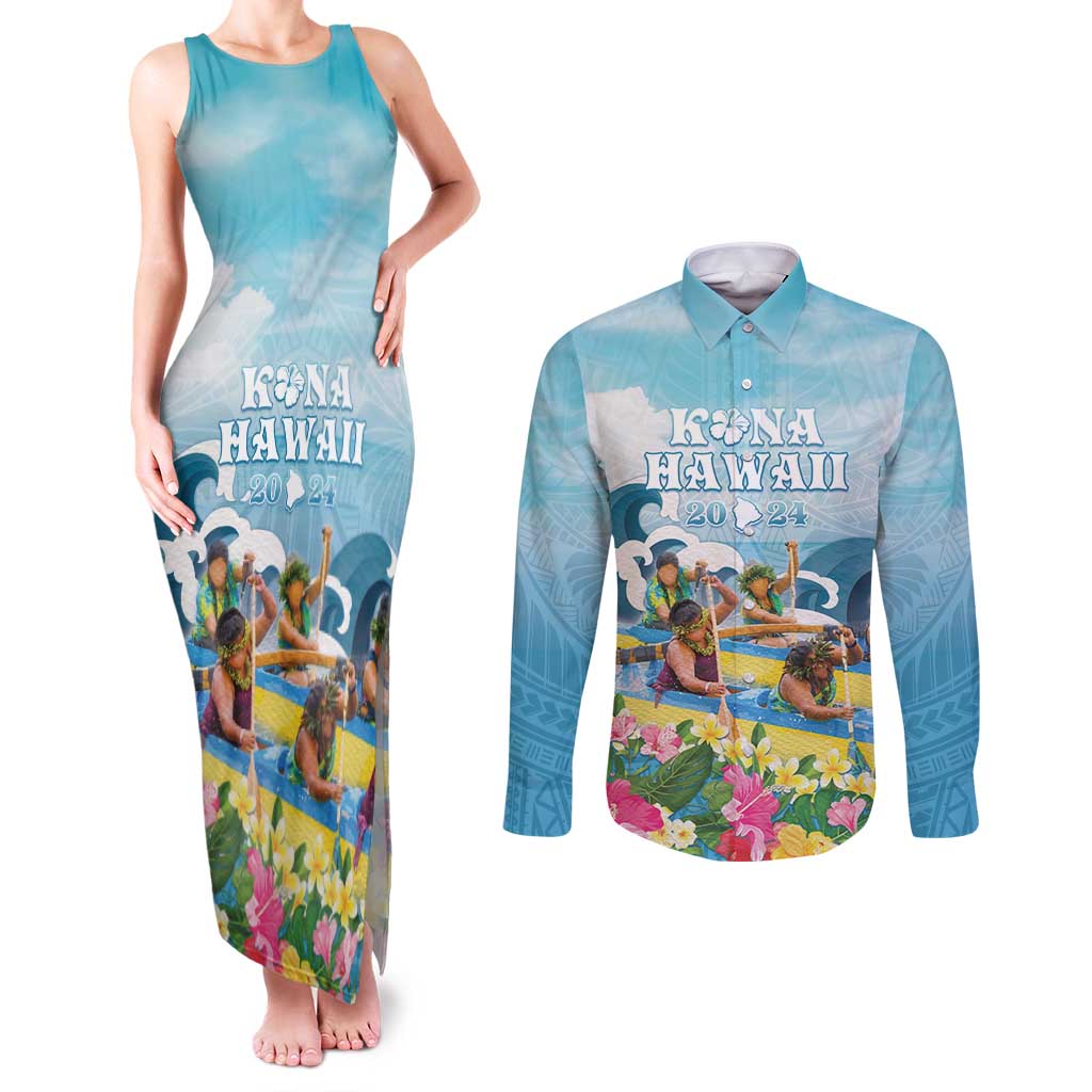 Hawaii Outrigger Canoe Race Couples Matching Tank Maxi Dress and Long Sleeve Button Shirt Polynesian Style Watercolor Style LT05 Blue - Polynesian Pride