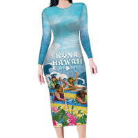 Hawaii Outrigger Canoe Race Family Matching Long Sleeve Bodycon Dress and Hawaiian Shirt Polynesian Style Watercolor Style LT05 Mom's Dress Blue - Polynesian Pride