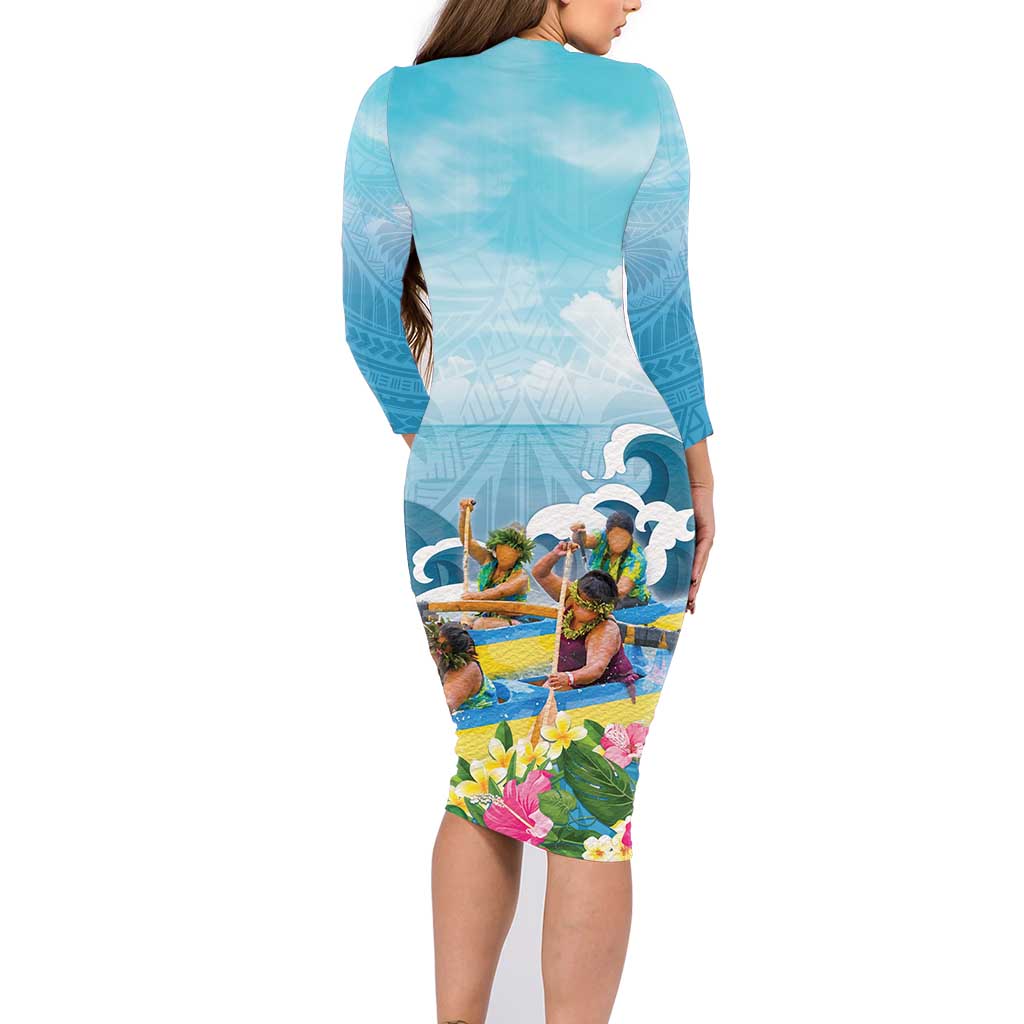 Hawaii Outrigger Canoe Race Family Matching Long Sleeve Bodycon Dress and Hawaiian Shirt Polynesian Style Watercolor Style LT05 - Polynesian Pride