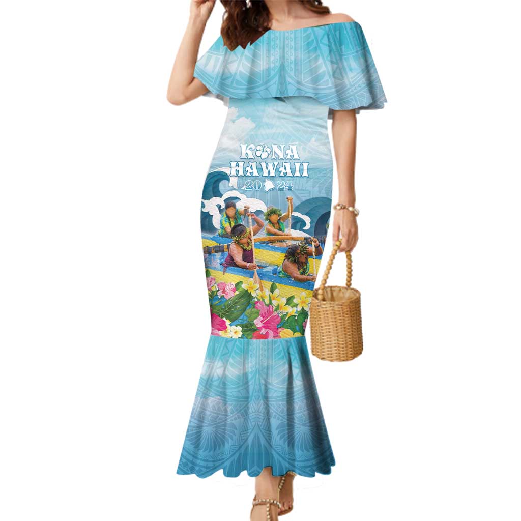 Hawaii Outrigger Canoe Race Family Matching Mermaid Dress and Hawaiian Shirt Polynesian Style Watercolor Style LT05 Mom's Dress Blue - Polynesian Pride