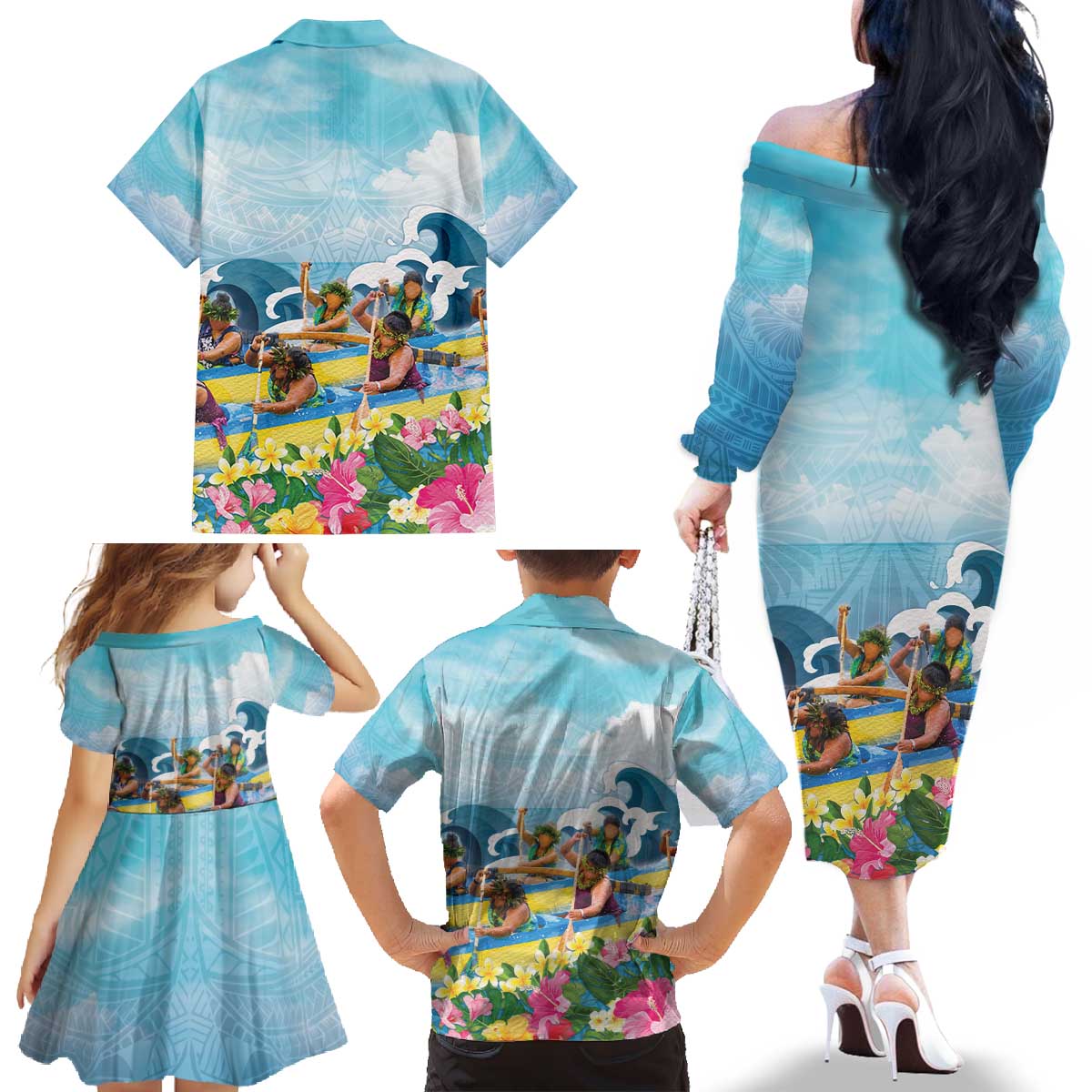 Hawaii Outrigger Canoe Race Family Matching Off The Shoulder Long Sleeve Dress and Hawaiian Shirt Polynesian Style Watercolor Style LT05 - Polynesian Pride