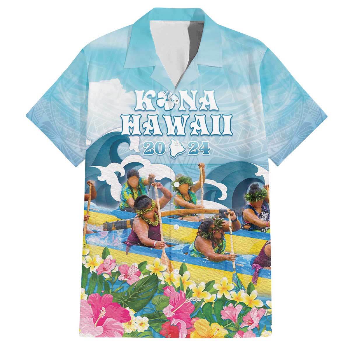 Hawaii Outrigger Canoe Race Family Matching Off The Shoulder Long Sleeve Dress and Hawaiian Shirt Polynesian Style Watercolor Style LT05 Dad's Shirt - Short Sleeve Blue - Polynesian Pride
