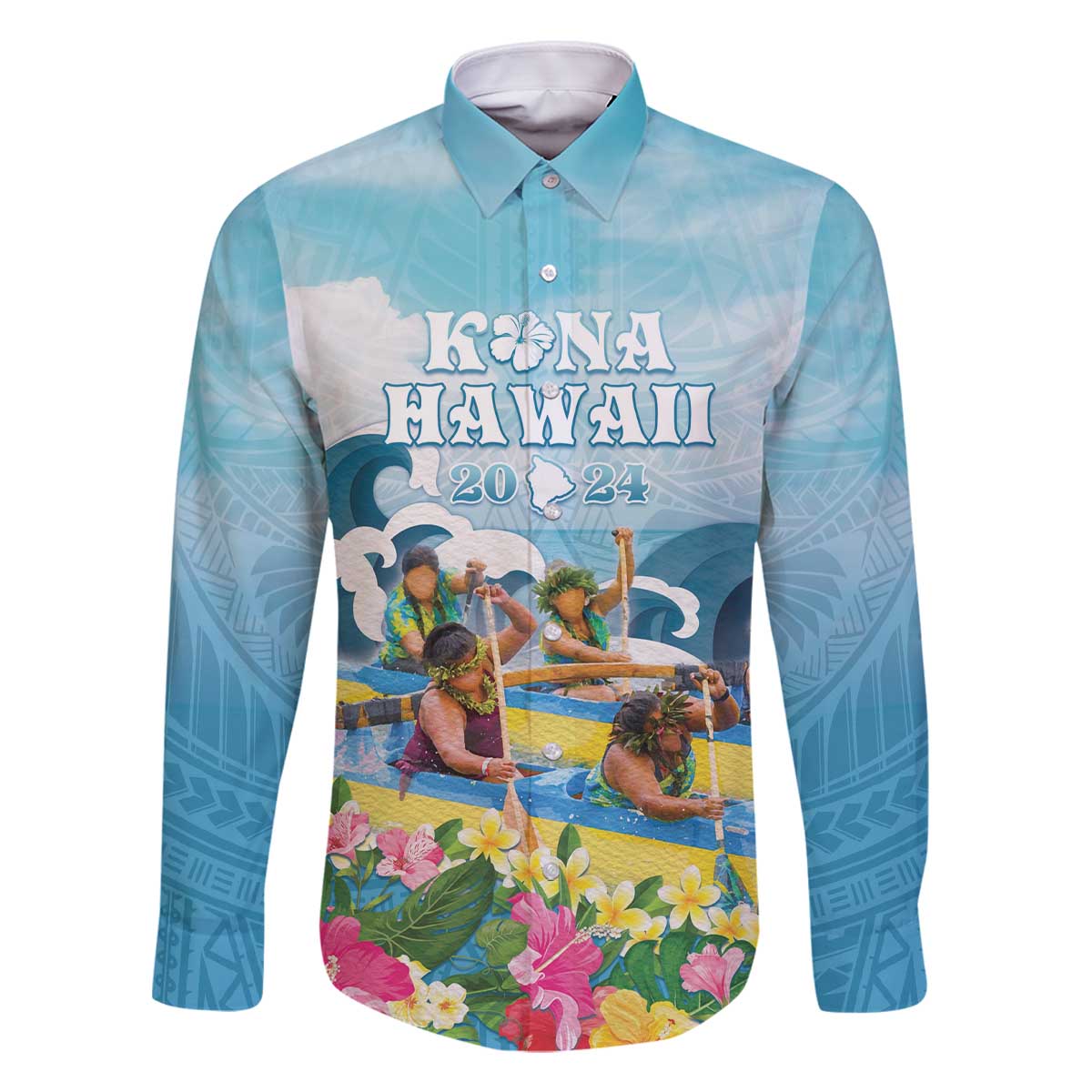 Hawaii Outrigger Canoe Race Family Matching Off The Shoulder Long Sleeve Dress and Hawaiian Shirt Polynesian Style Watercolor Style LT05 Dad's Shirt - Long Sleeve Blue - Polynesian Pride