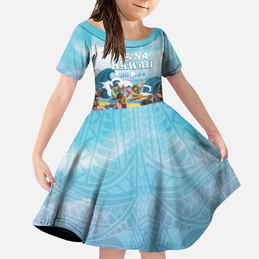 Hawaii Outrigger Canoe Race Family Matching Off Shoulder Maxi Dress and Hawaiian Shirt Polynesian Style Watercolor Style LT05 Daughter's Dress Blue - Polynesian Pride