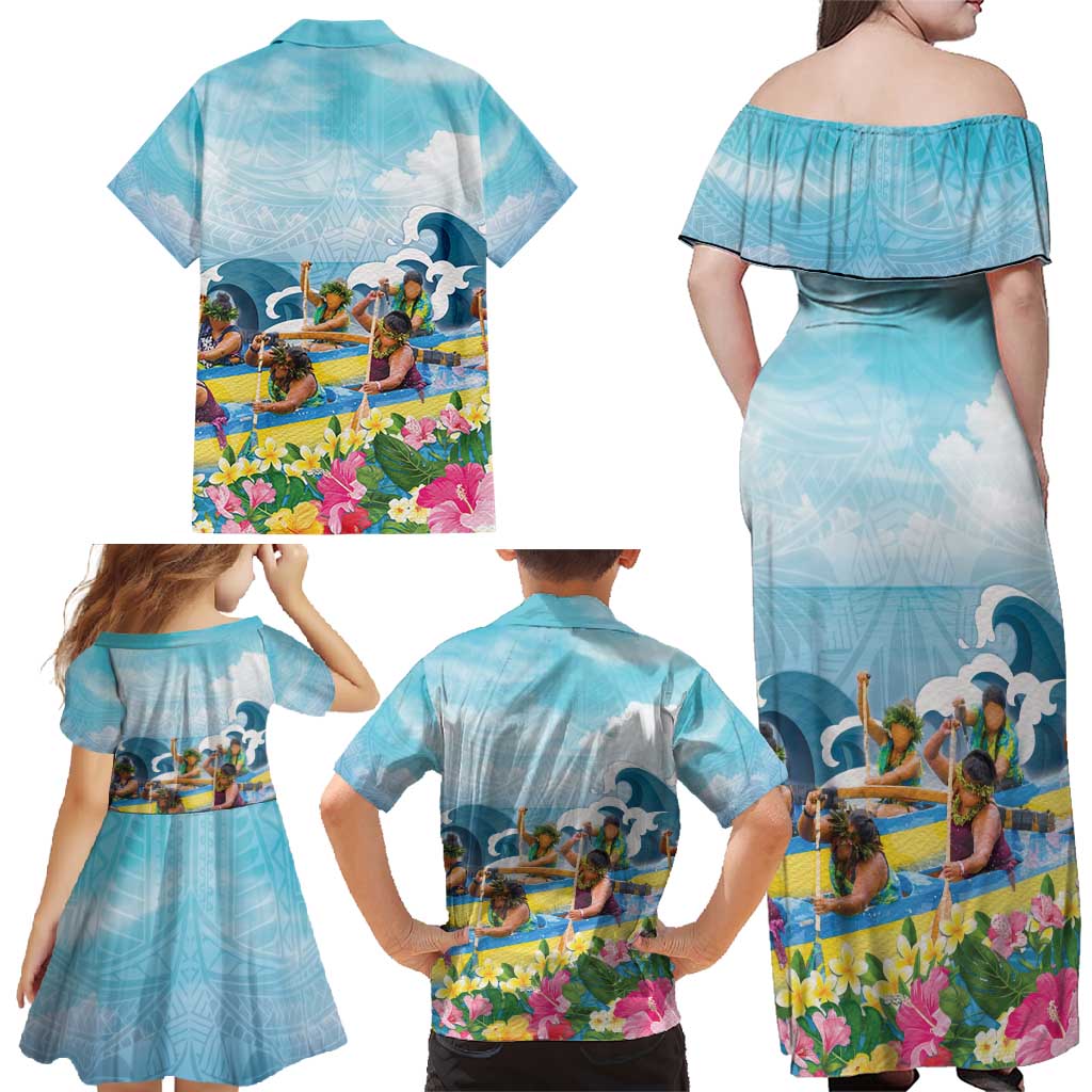 Hawaii Outrigger Canoe Race Family Matching Off Shoulder Maxi Dress and Hawaiian Shirt Polynesian Style Watercolor Style LT05 - Polynesian Pride