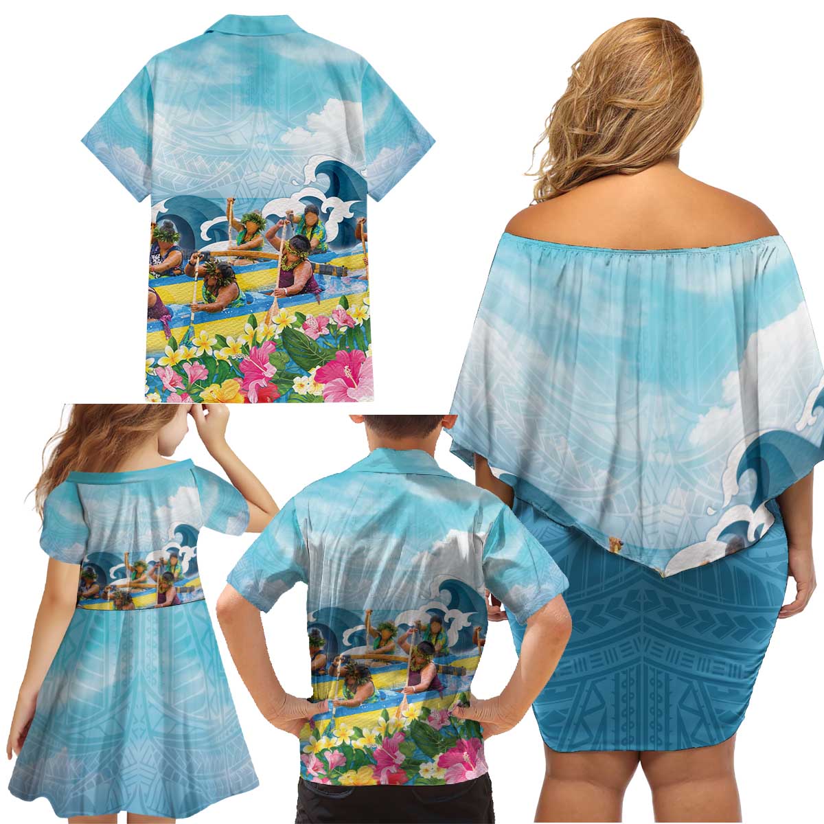 Hawaii Outrigger Canoe Race Family Matching Off Shoulder Short Dress and Hawaiian Shirt Polynesian Style Watercolor Style LT05 - Polynesian Pride