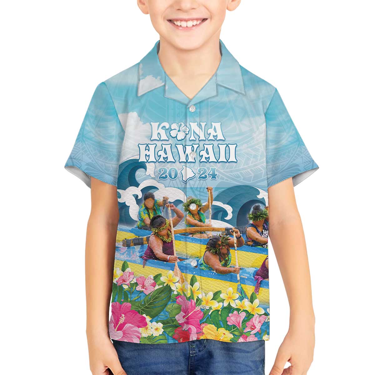 Hawaii Outrigger Canoe Race Family Matching Off Shoulder Short Dress and Hawaiian Shirt Polynesian Style Watercolor Style LT05 Son's Shirt Blue - Polynesian Pride