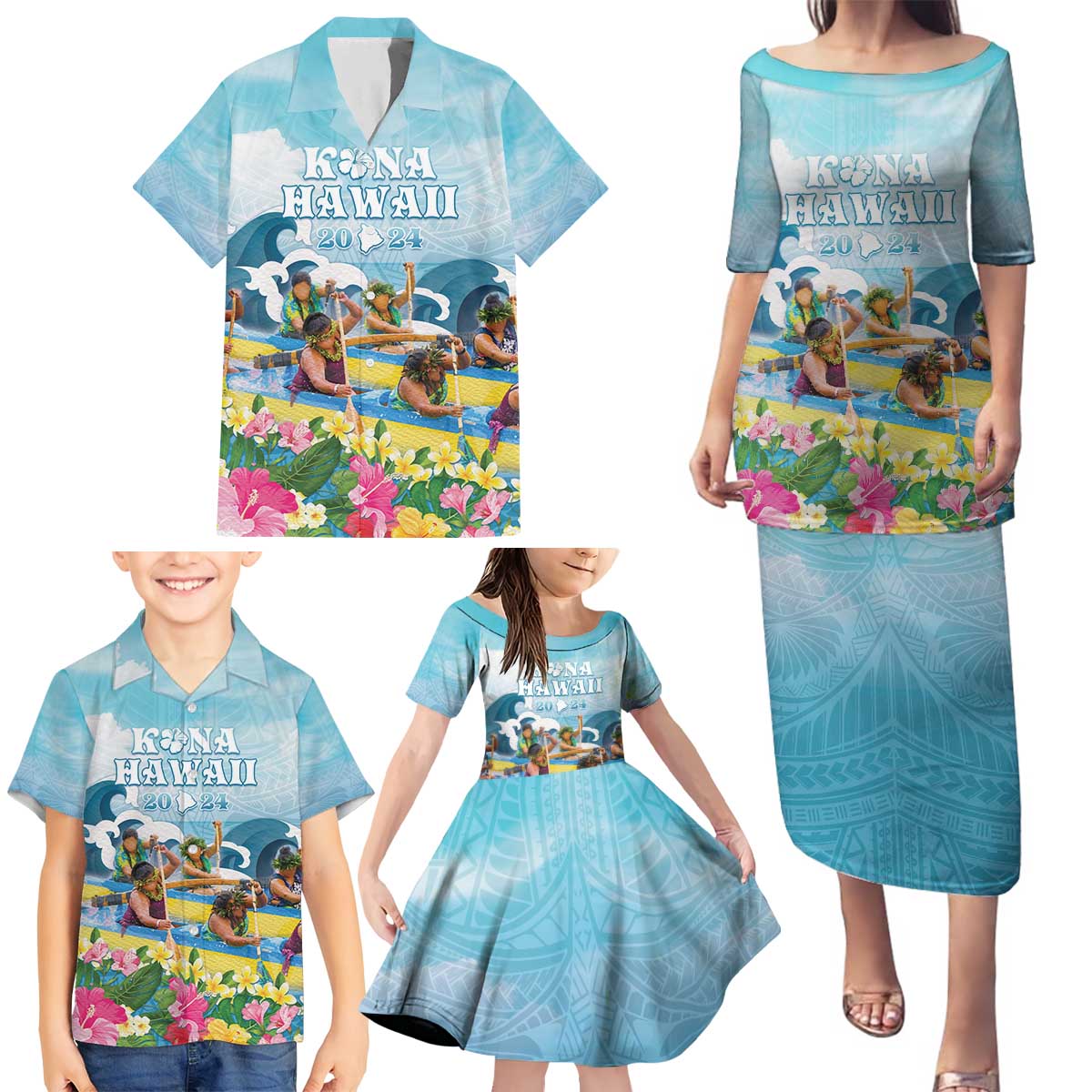 Hawaii Outrigger Canoe Race Family Matching Puletasi and Hawaiian Shirt Polynesian Style Watercolor Style LT05 - Polynesian Pride