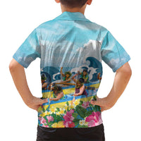 Hawaii Outrigger Canoe Race Family Matching Short Sleeve Bodycon Dress and Hawaiian Shirt Polynesian Style Watercolor Style LT05 - Polynesian Pride