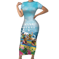 Hawaii Outrigger Canoe Race Family Matching Short Sleeve Bodycon Dress and Hawaiian Shirt Polynesian Style Watercolor Style LT05 Mom's Dress Blue - Polynesian Pride