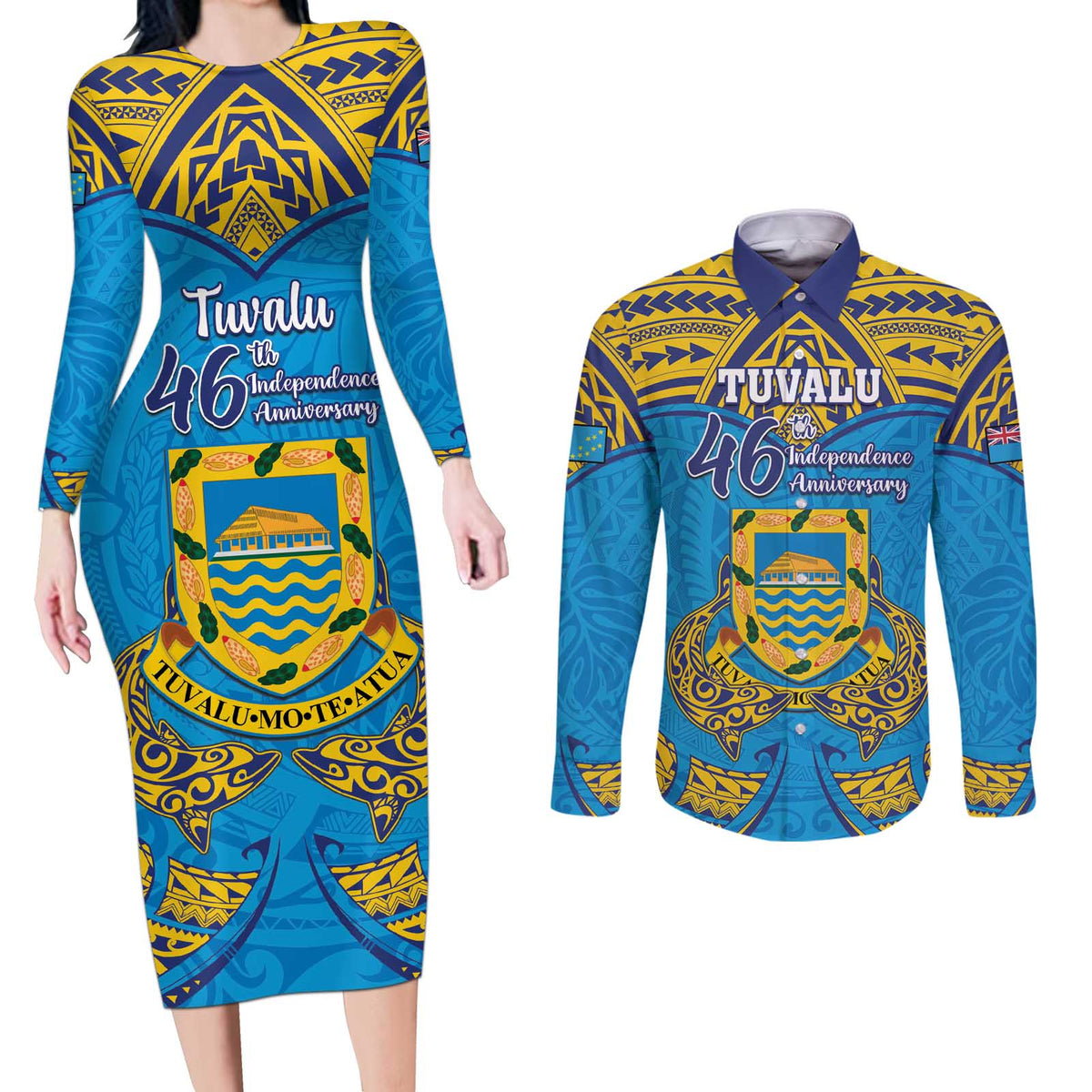 Personalised Tuvalu Independence Day Couples Matching Long Sleeve Bodycon Dress and Long Sleeve Button Shirt Coat Of Arms With Polynesian Dolphin Tattoo LT05 Blue - Polynesian Pride