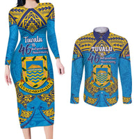 Personalised Tuvalu Independence Day Couples Matching Long Sleeve Bodycon Dress and Long Sleeve Button Shirt Coat Of Arms With Polynesian Dolphin Tattoo LT05 Blue - Polynesian Pride