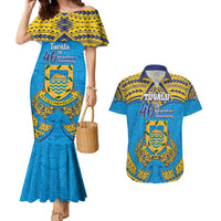 Personalised Tuvalu Independence Day Couples Matching Mermaid Dress and Hawaiian Shirt Coat Of Arms With Polynesian Dolphin Tattoo LT05 Blue - Polynesian Pride