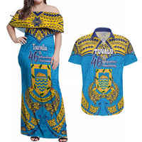 Personalised Tuvalu Independence Day Couples Matching Off Shoulder Maxi Dress and Hawaiian Shirt Coat Of Arms With Polynesian Dolphin Tattoo LT05 Blue - Polynesian Pride