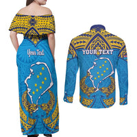 Personalised Tuvalu Independence Day Couples Matching Off Shoulder Maxi Dress and Long Sleeve Button Shirt Coat Of Arms With Polynesian Dolphin Tattoo LT05 - Polynesian Pride