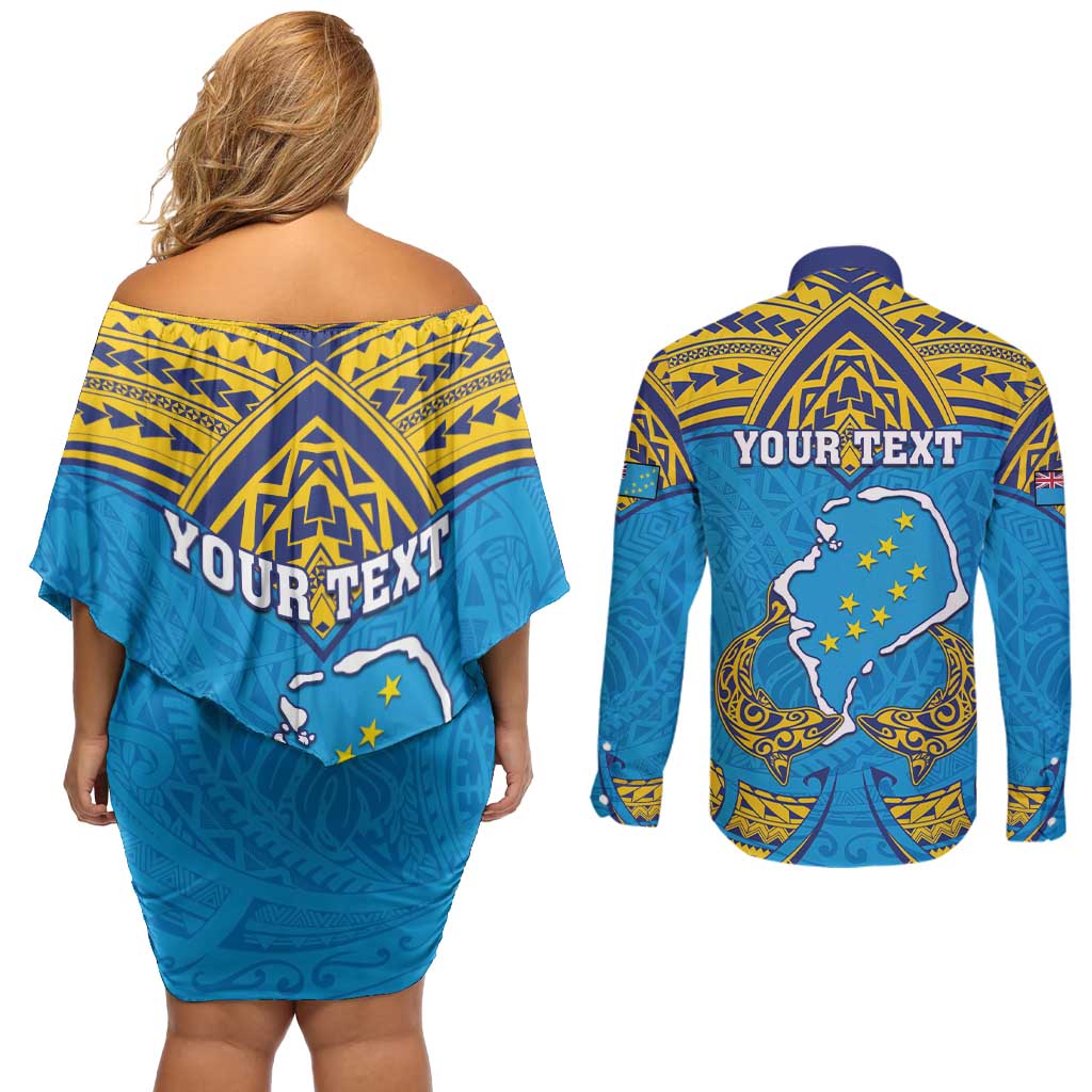 Personalised Tuvalu Independence Day Couples Matching Off Shoulder Short Dress and Long Sleeve Button Shirt Coat Of Arms With Polynesian Dolphin Tattoo LT05 - Polynesian Pride