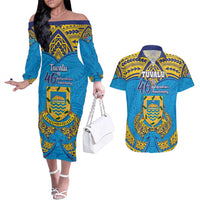 Personalised Tuvalu Independence Day Couples Matching Off The Shoulder Long Sleeve Dress and Hawaiian Shirt Coat Of Arms With Polynesian Dolphin Tattoo LT05 Blue - Polynesian Pride