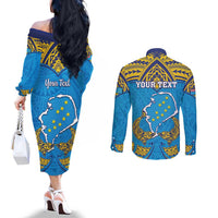 Personalised Tuvalu Independence Day Couples Matching Off The Shoulder Long Sleeve Dress and Long Sleeve Button Shirt Coat Of Arms With Polynesian Dolphin Tattoo LT05 - Polynesian Pride